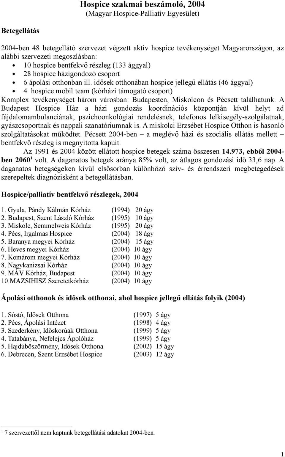 idősek otthonában hospice jellegű ellátás (46 ággyal) 4 hospice mobil team (kórházi támogató csoport) Komplex tevékenységet három városban: Budapesten, Miskolcon és Pécsett találhatunk.