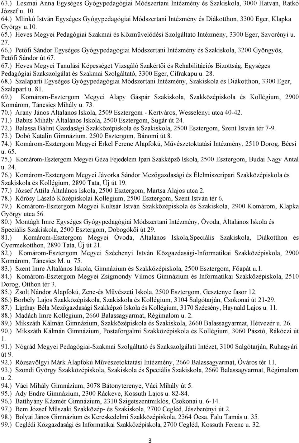 ) Heves Megyei Pedagógiai Szakmai és Közművelődési Szolgáltató Intézmény, 3300 Eger, Szvorényi u. 27. 66.