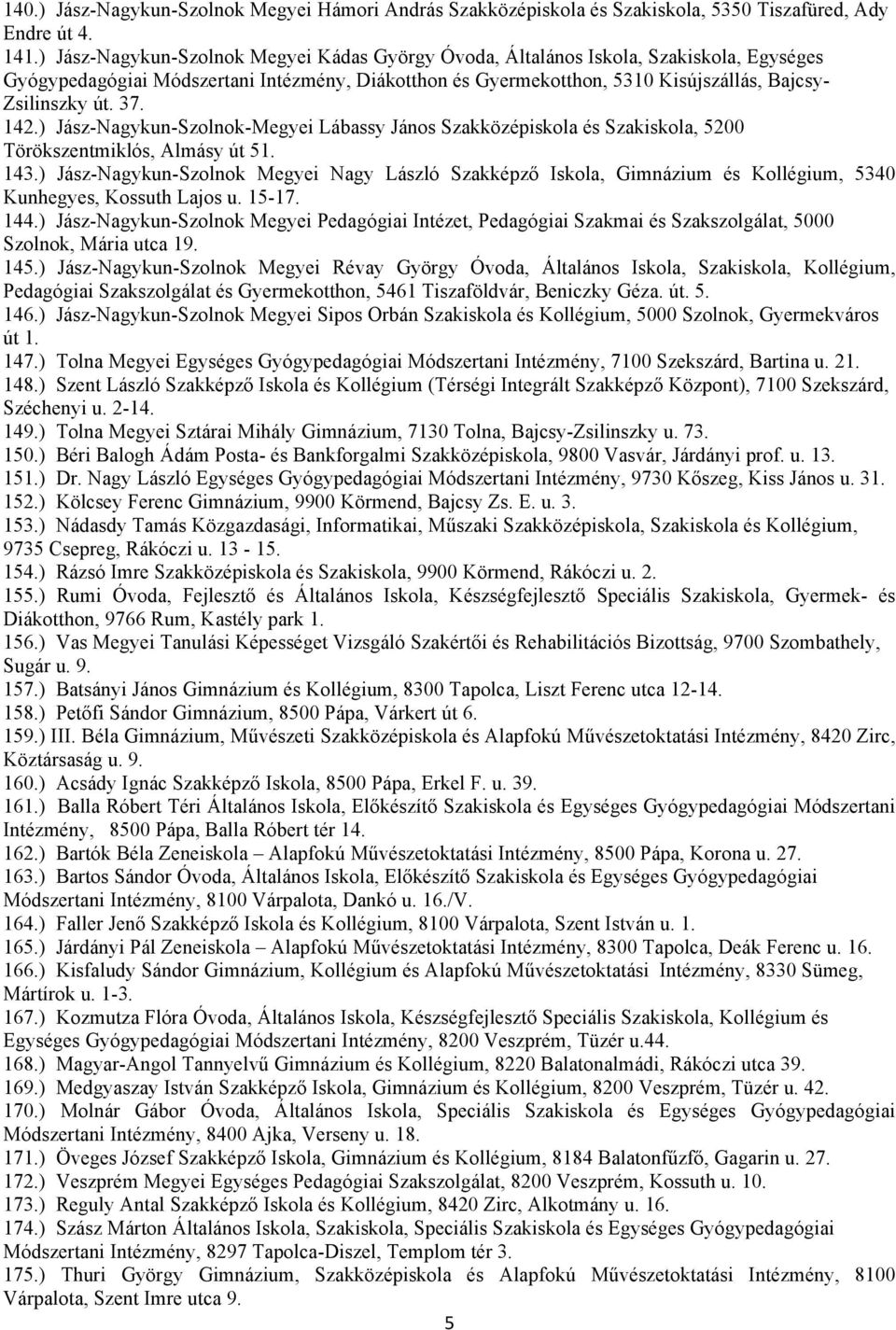 37. 142.) Jász-Nagykun-Szolnok-Megyei Lábassy János Szakközépiskola és Szakiskola, 5200 Törökszentmiklós, Almásy út 51. 143.