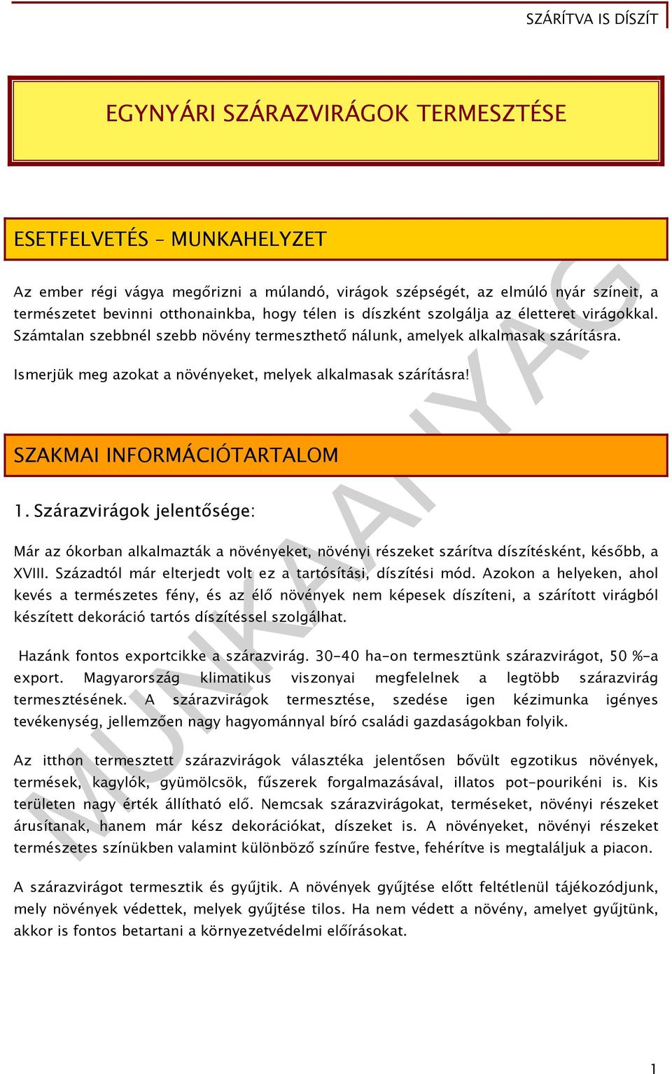 SZAKMAI INFORMÁCIÓTARTALOM 1. Szárazvirágok jelentősége: Már az ókorban alkalmazták a növényeket, növényi részeket szárítva díszítésként, később, a XVIII.