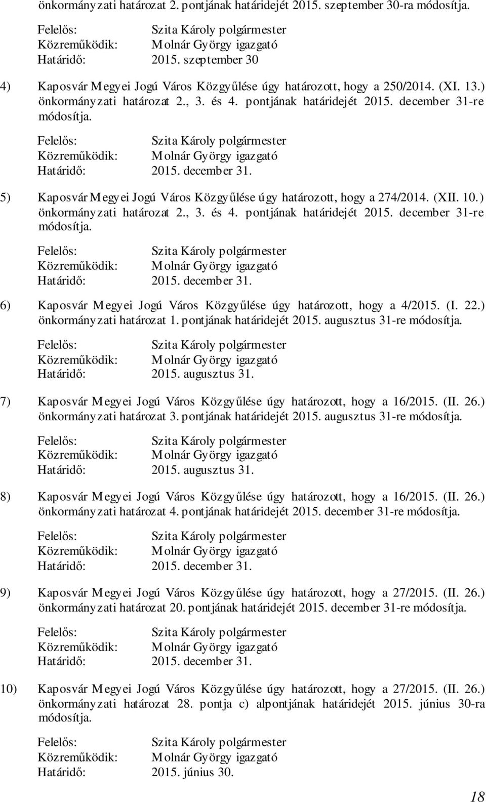 ) önkormányzati határozat 2., 3. és 4. pontjának határidejét 2015. december 31-re módosítja. 2015. december 31. 6) Kaposvár Megyei Jogú Város Közgyűlése úgy határozott, hogy a 4/2015. (I. 22.