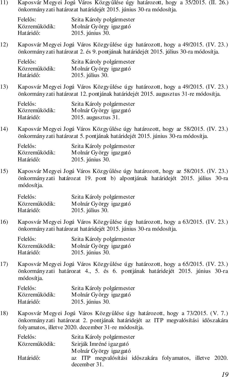 ra módosítja. 2015. július 30. 13) Kaposvár Megyei Jogú Város Közgyűlése úgy határozott, hogy a 49/2015. (IV. 23.) önkormányzati határozat 12. pontjának határidejét 2015. augusztus 31-re módosítja.