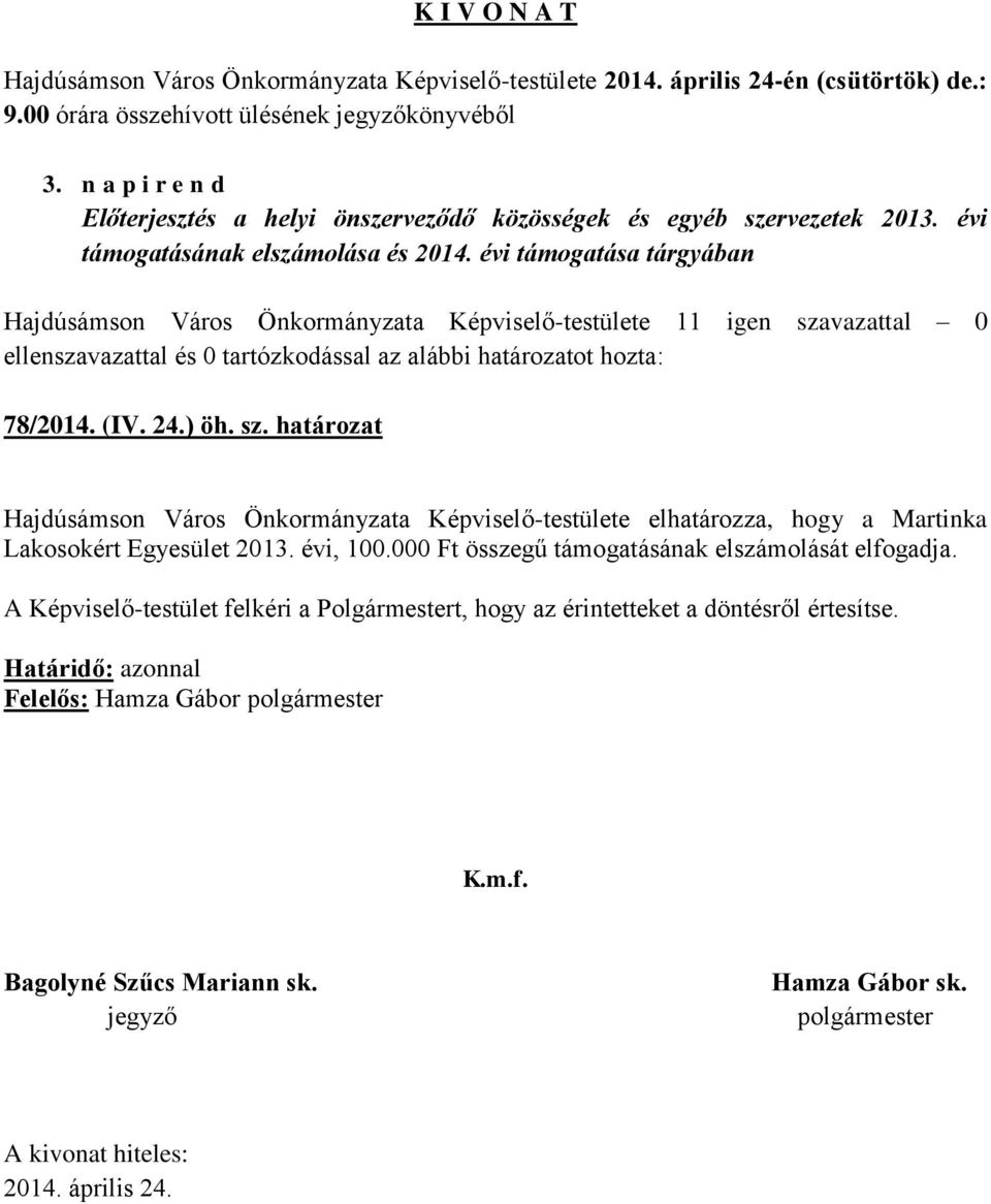 határozat Hajdúsámson Város Önkormányzata Képviselő-testülete elhatározza, hogy a Martinka Lakosokért Egyesület 2013. évi, 100.