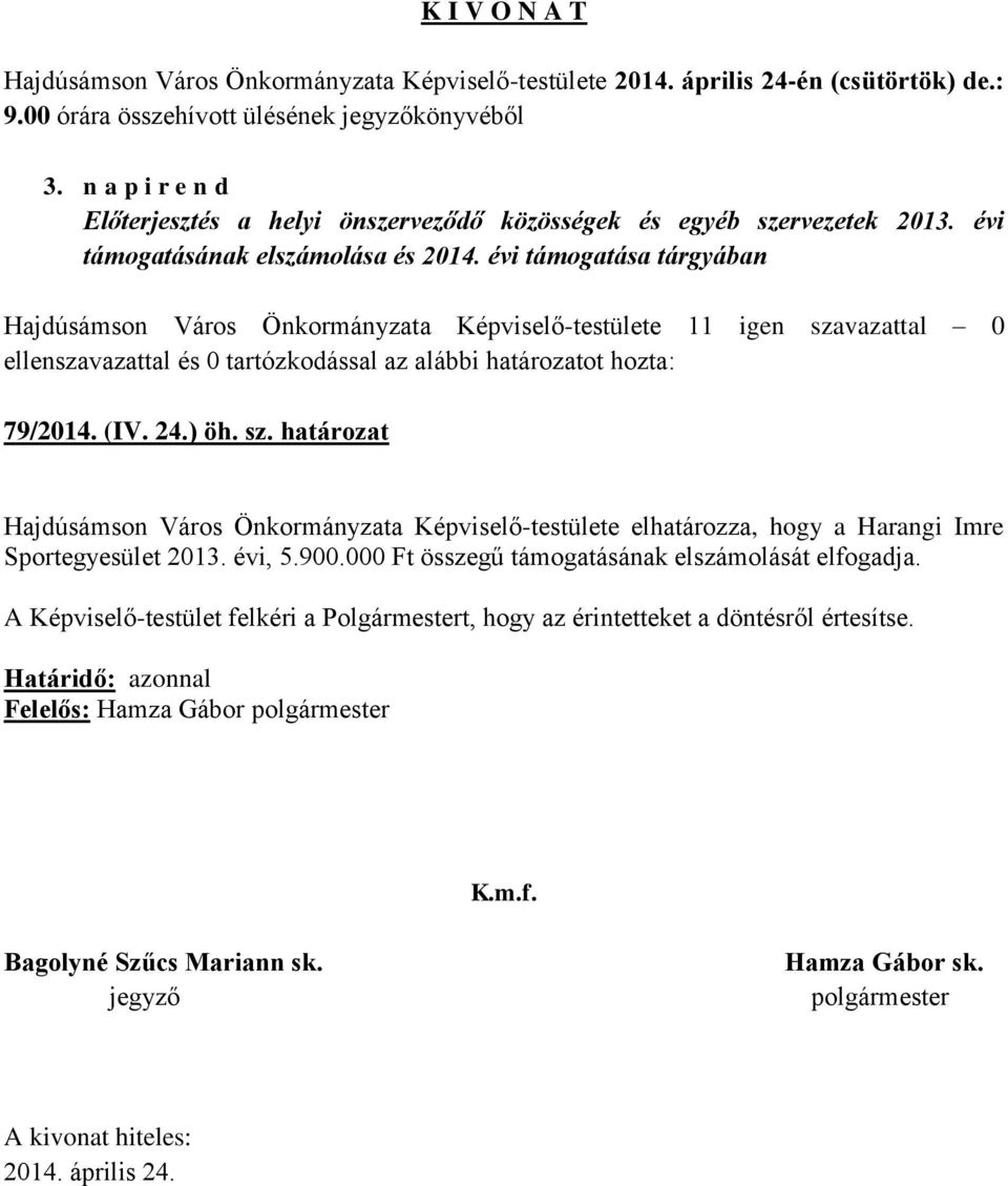 határozat Hajdúsámson Város Önkormányzata Képviselő-testülete elhatározza, hogy a Harangi Imre Sportegyesület 2013. évi, 5.900.