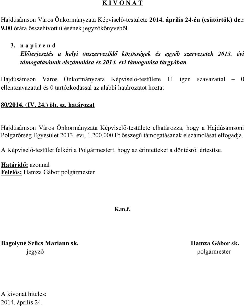 határozat Hajdúsámson Város Önkormányzata Képviselő-testülete elhatározza, hogy a Hajdúsámsoni Polgárőrség Egyesület 2013. évi, 1.200.