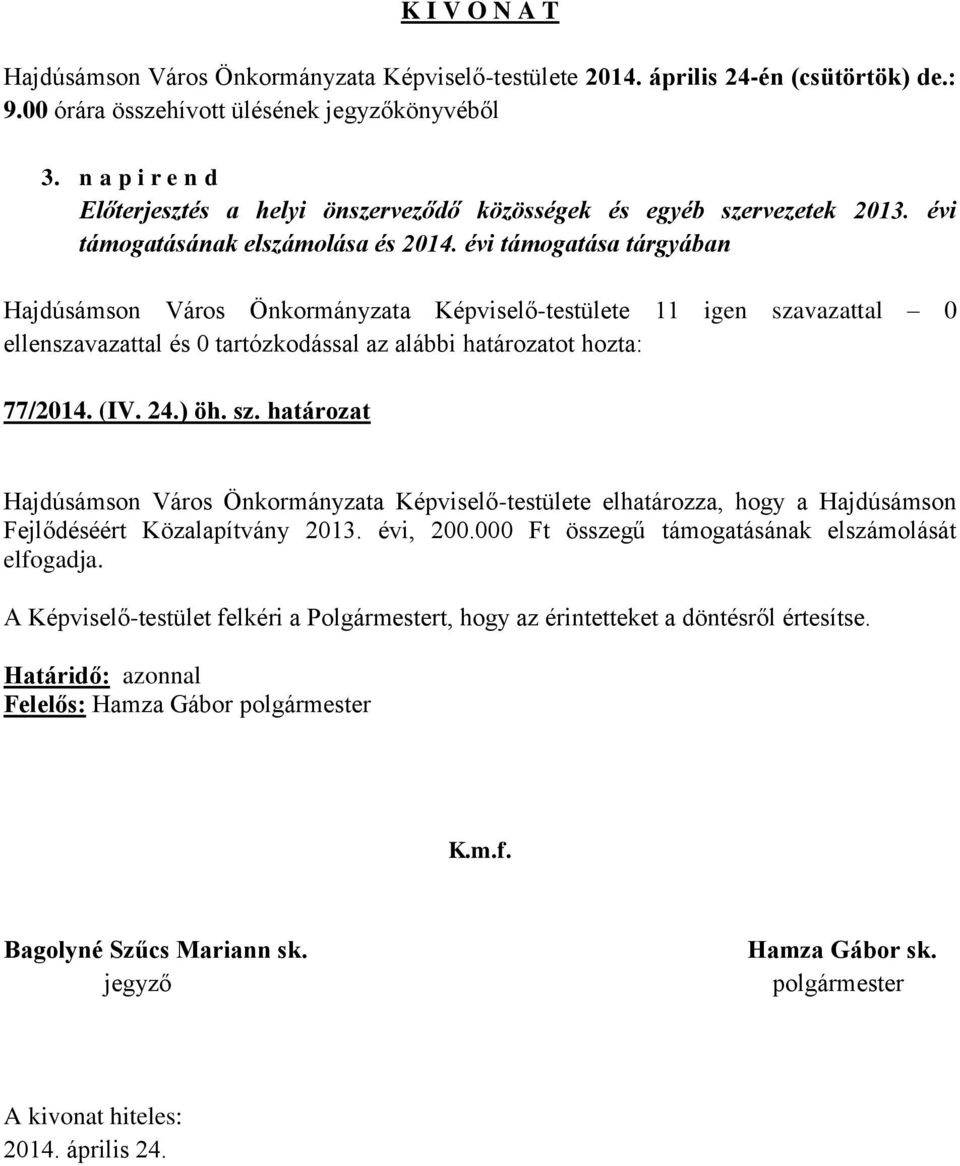 határozat Hajdúsámson Város Önkormányzata Képviselő-testülete elhatározza, hogy a Hajdúsámson Fejlődéséért Közalapítvány 2013. évi, 200.