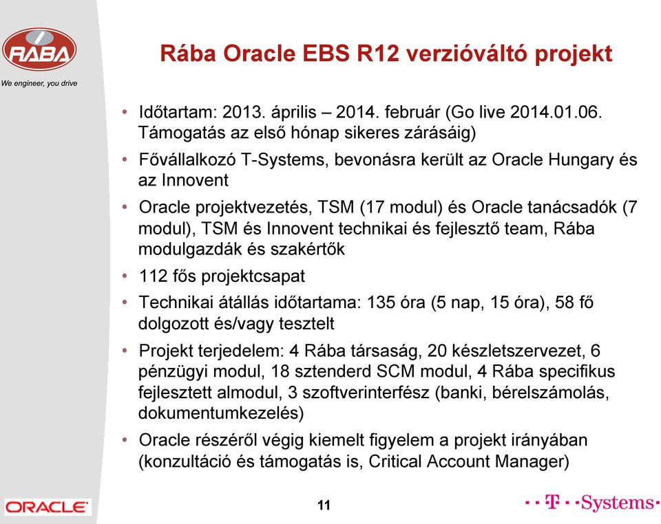 Innovent technikai és fejlesztő team, Rába modulgazdák és szakértők 112 fős projektcsapat Technikai átállás időtartama: 135 óra (5 nap, 15 óra), 58 fő dolgozott és/vagy tesztelt Projekt terjedelem: