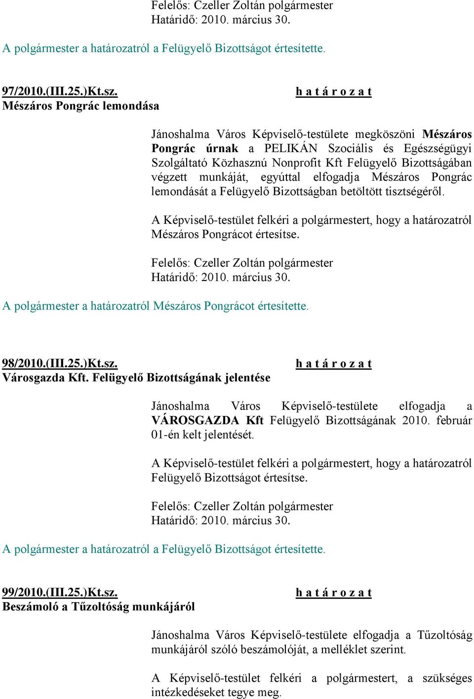 végzett munkáját, egyúttal elfogadja Mészáros Pongrác lemondását a Felügyelő Bizottságban betöltött tisztségéről.