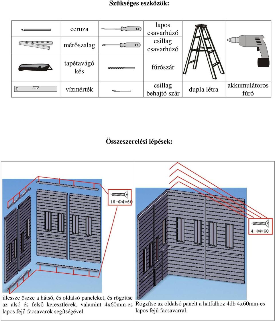 a hátsó, és oldalsó paneleket, és rögzítse az alsó és felső keresztlécek, valamint 4x60mm-es lapos