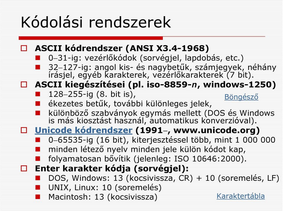 bit is), Böngésző ékezetes betűk, további különleges jelek, különböző szabványok egymás mellett (DOS és Windows is más kiosztást használ, automatikus konverzióval). Unicode kódrendszer (1991, www.