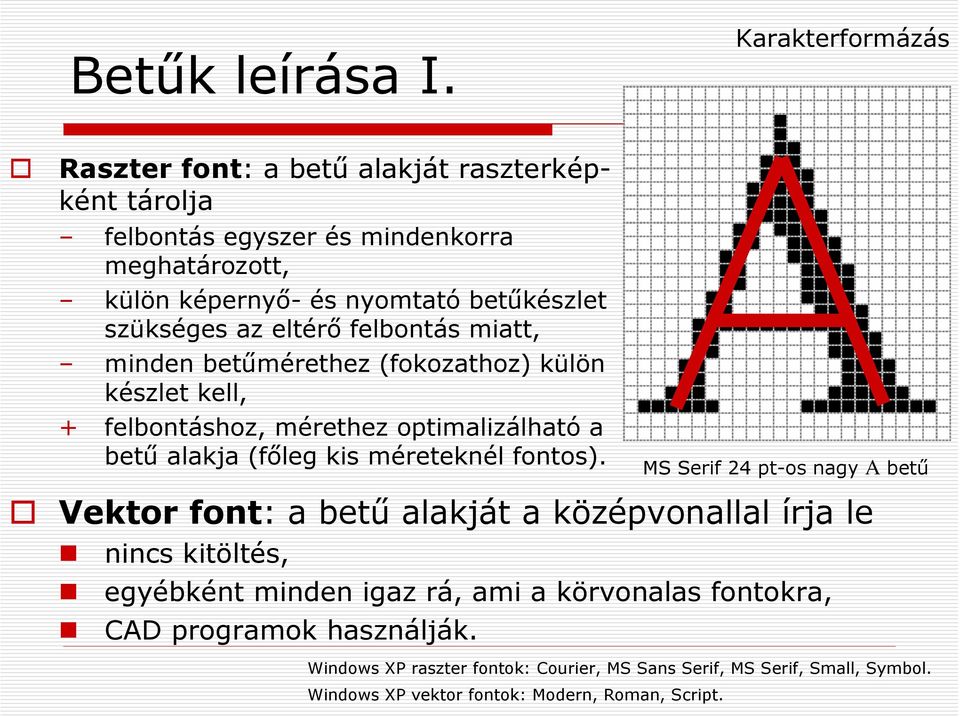 szükséges az eltérő felbontás miatt, minden betűmérethez (fokozathoz) külön készlet kell, + felbontáshoz, mérethez optimalizálható a betű alakja (főleg kis