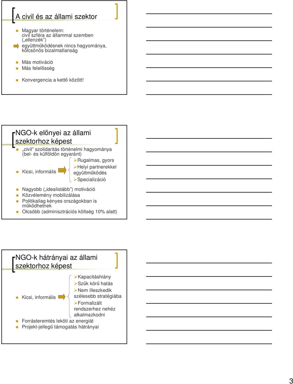 NGO-k elnyei az állami szektorhoz képest civil szolidaritás történelmi hagyománya (bel- és külföldön egyaránt) Rugalmas, gyors Helyi partnerekkel Kicsi, informális együttmködés Specializáció
