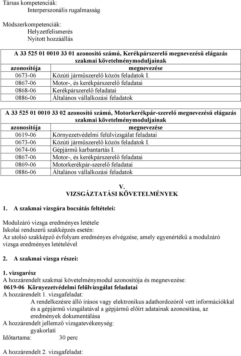 0867-06 Motor-, és kerékpárszerelő feladatai 0868-06 Kerékpárszerelő feladatai 0886-06 Általános vállalkozási feladatok A 33 525 01 0010 33 02 azonosító számú, Motorkerékpár-szerelő megnevezésű