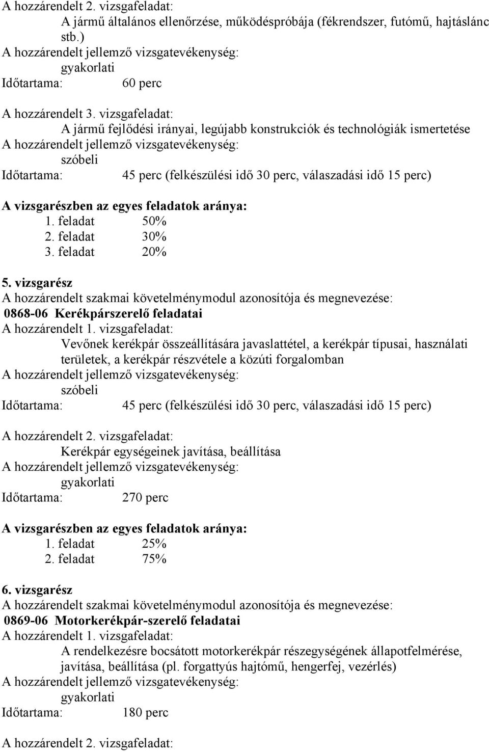 feladatok aránya: 1. feladat 50% 2. feladat 30% 3. feladat 20% 5. vizsgarész A hozzárendelt szakmai követelménymodul azonosítója és megnevezése: 0868-06 Kerékpárszerelő feladatai A hozzárendelt 1.