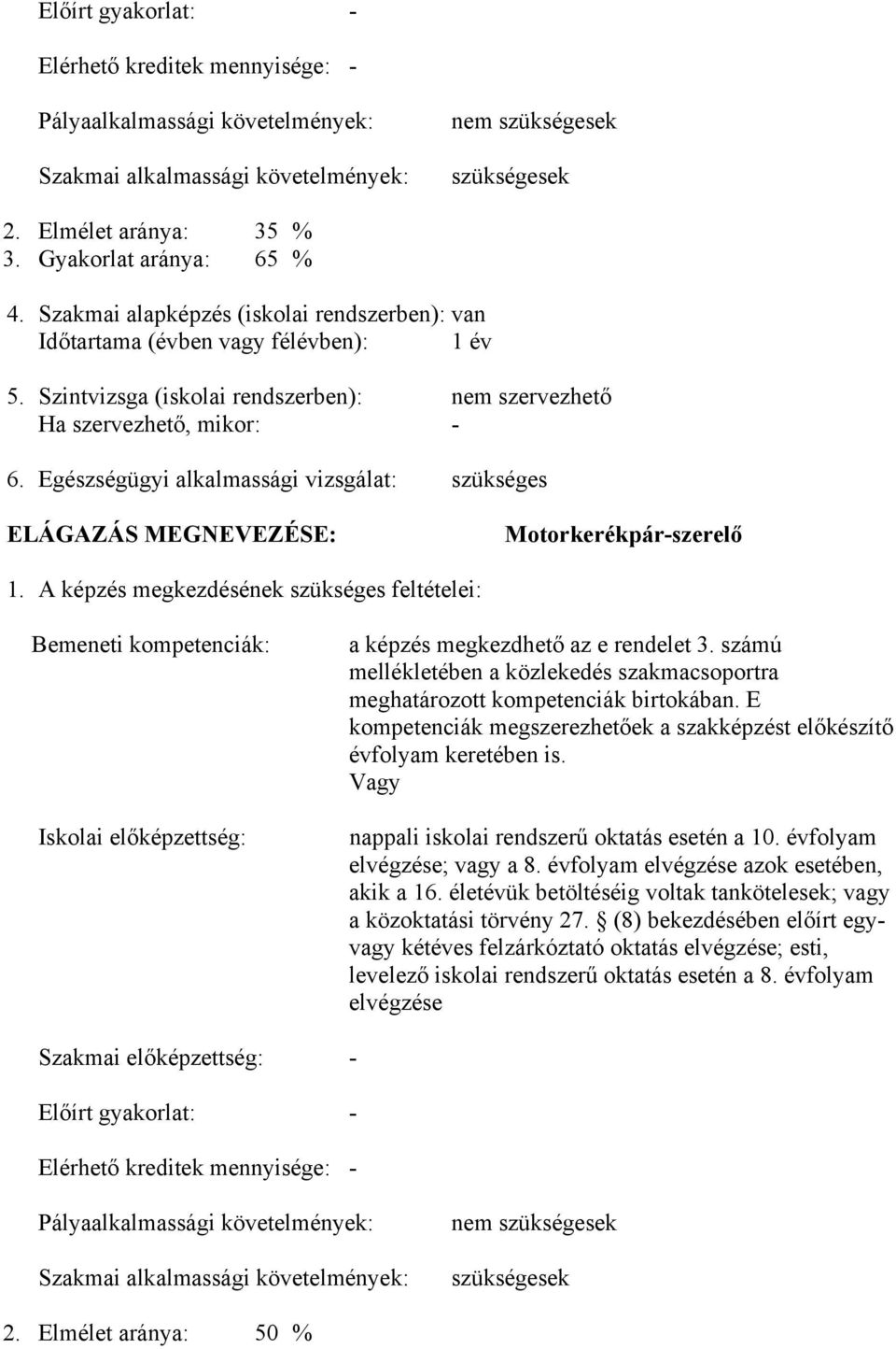 Egészségügyi alkalmassági vizsgálat: szükséges ELÁGAZÁS MEGNEVEZÉSE: Motorkerékpár-szerelő 1.