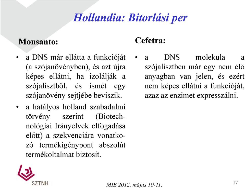 a hatályos holland szabadalmi törvény szerint (Biotech- nológiai Irányelvek elfogadása előtt) a szekvenciára vonatko- zó