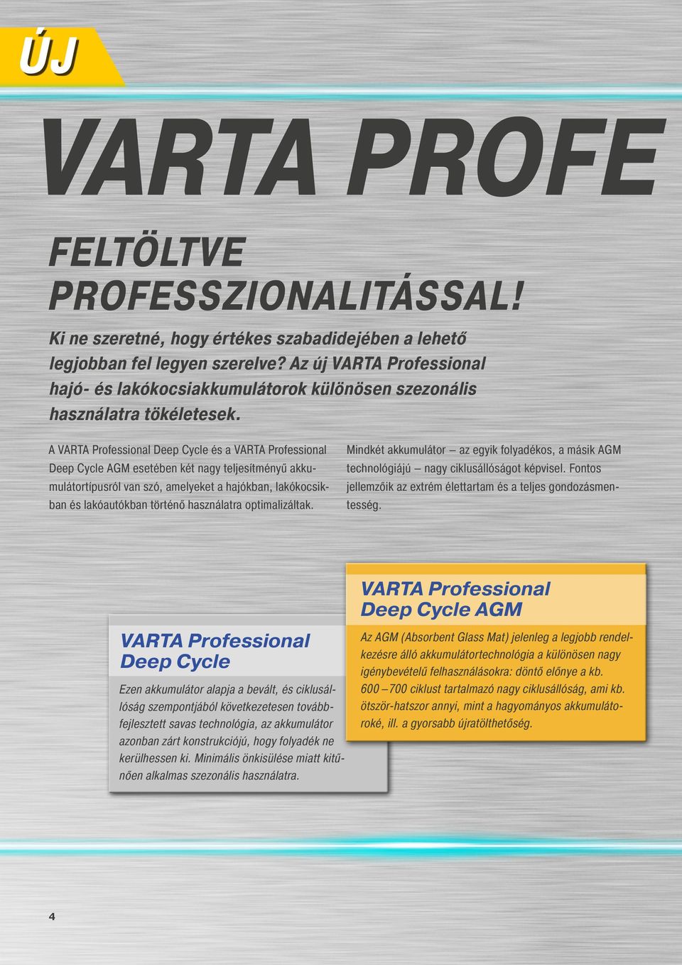 A VARTA Professional Deep Cycle és a VARTA Professional Deep Cycle AGM esetében két nagy teljesítményű akkumulátortípusról van szó, amelyeket a hajókban, lakókocsikban és lakóautókban történő