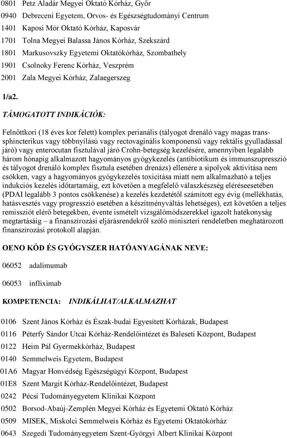 TÁMOGATOTT INDIKÁCIÓK: Felnőttkori (18 éves kor felett) komplex perianális (tályogot drenáló vagy magas transsphincterikus vagy többnyílású vagy rectovaginális komponensű vagy rektális gyulladással