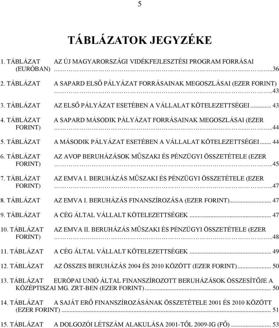 TÁBLÁZAT A MÁSODIK PÁLYÁZAT ESETÉBEN A VÁLLALAT KÖTELEZETTSÉGEI... 44 6. TÁBLÁZAT AZ AVOP BERUHÁZÁSOK MŰSZAKI ÉS PÉNZÜGYI ÖSSZETÉTELE (EZER FORINT)..45 7. TÁBLÁZAT AZ EMVA I.