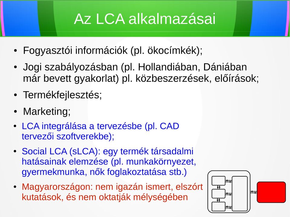 közbeszerzések, előírások; Termékfejlesztés; Marketing; LCA integrálása a tervezésbe (pl.