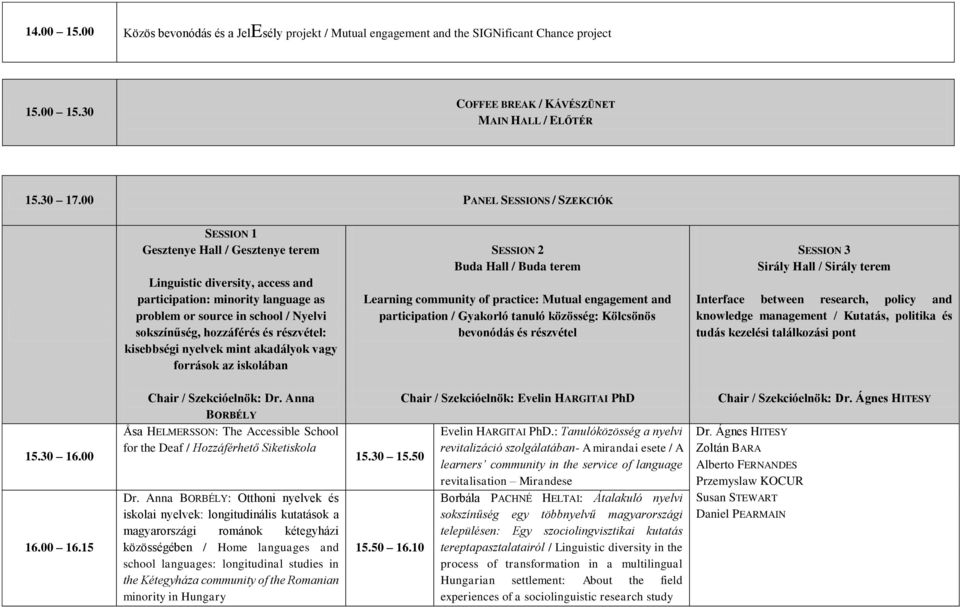 nyelvek mint akadályok vagy források az iskolában SESSION 2 Buda Hall / Buda terem Learning community of practice: Mutual engagement and participation / Gyakorló tanuló közösség: Kölcsönös bevonódás