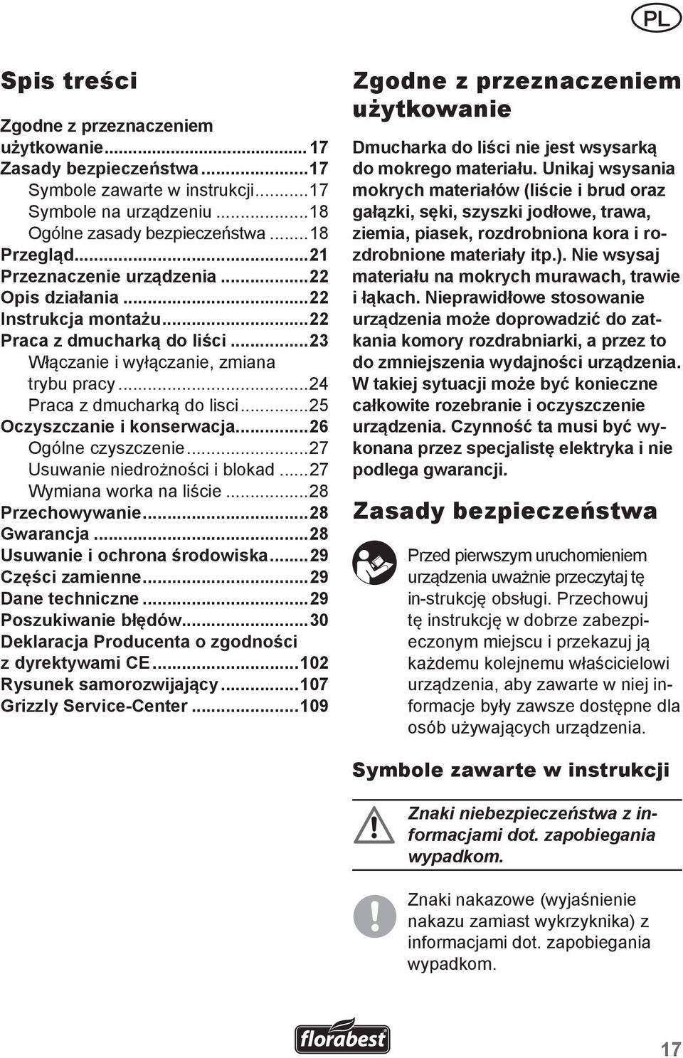 ..25 Oczyszczanie i konserwacja...26 Ogólne czyszczenie...27 Usuwanie niedrożności i blokad...27 Wymiana worka na liście...28 Przechowywanie...28 Gwarancja...28 Usuwanie i ochrona środowiska.