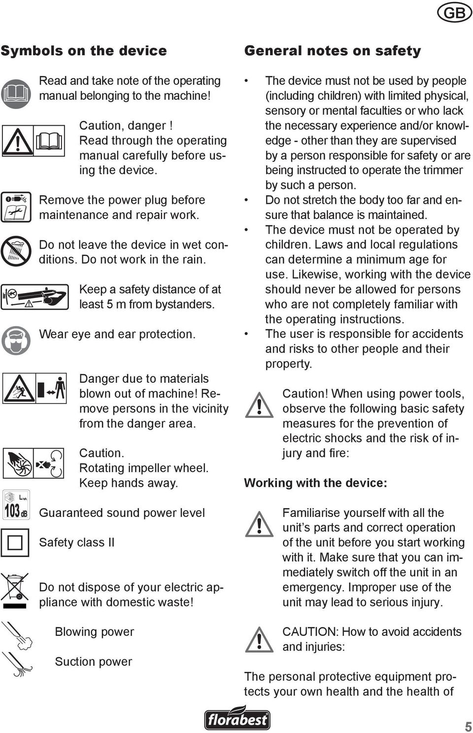 Wear eye and ear protection. Danger due to materials blown out of machine! Remove persons in the vicinity from the danger area. Caution. Rotating impeller wheel. Keep hands away.