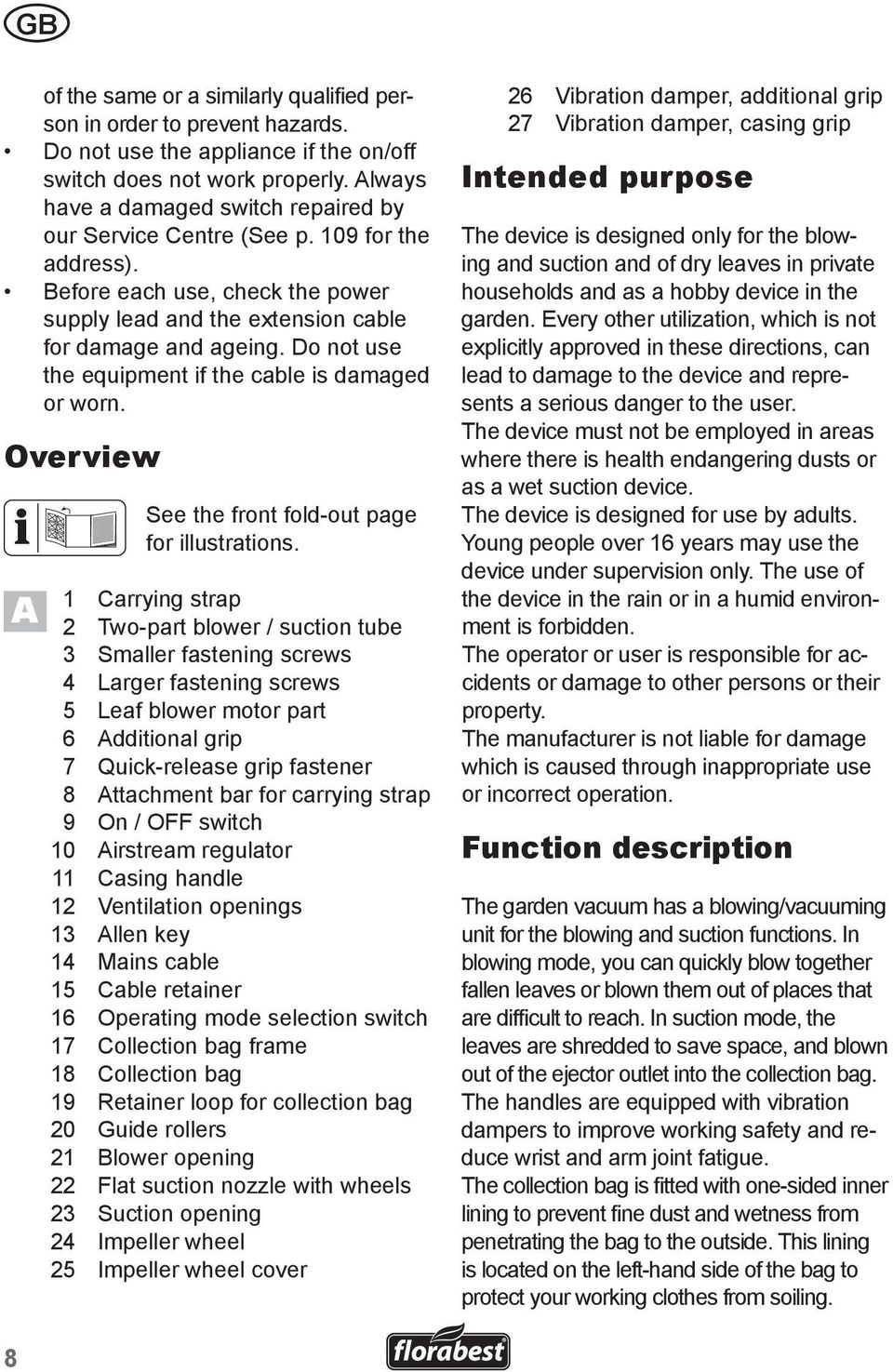 Do not use the equipment if the cable is damaged or worn. Overview A See the front fold-out page for illustrations.