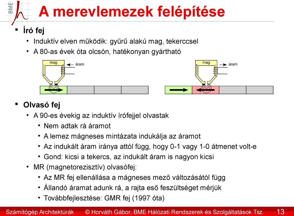 attól függ, hogy 0-1 vagy 1-0 átmenet volt-e Gond: kicsi a tekercs, az indukált áram is nagyon kicsi MR (magnetorezisztív) olvasófej: Az MR