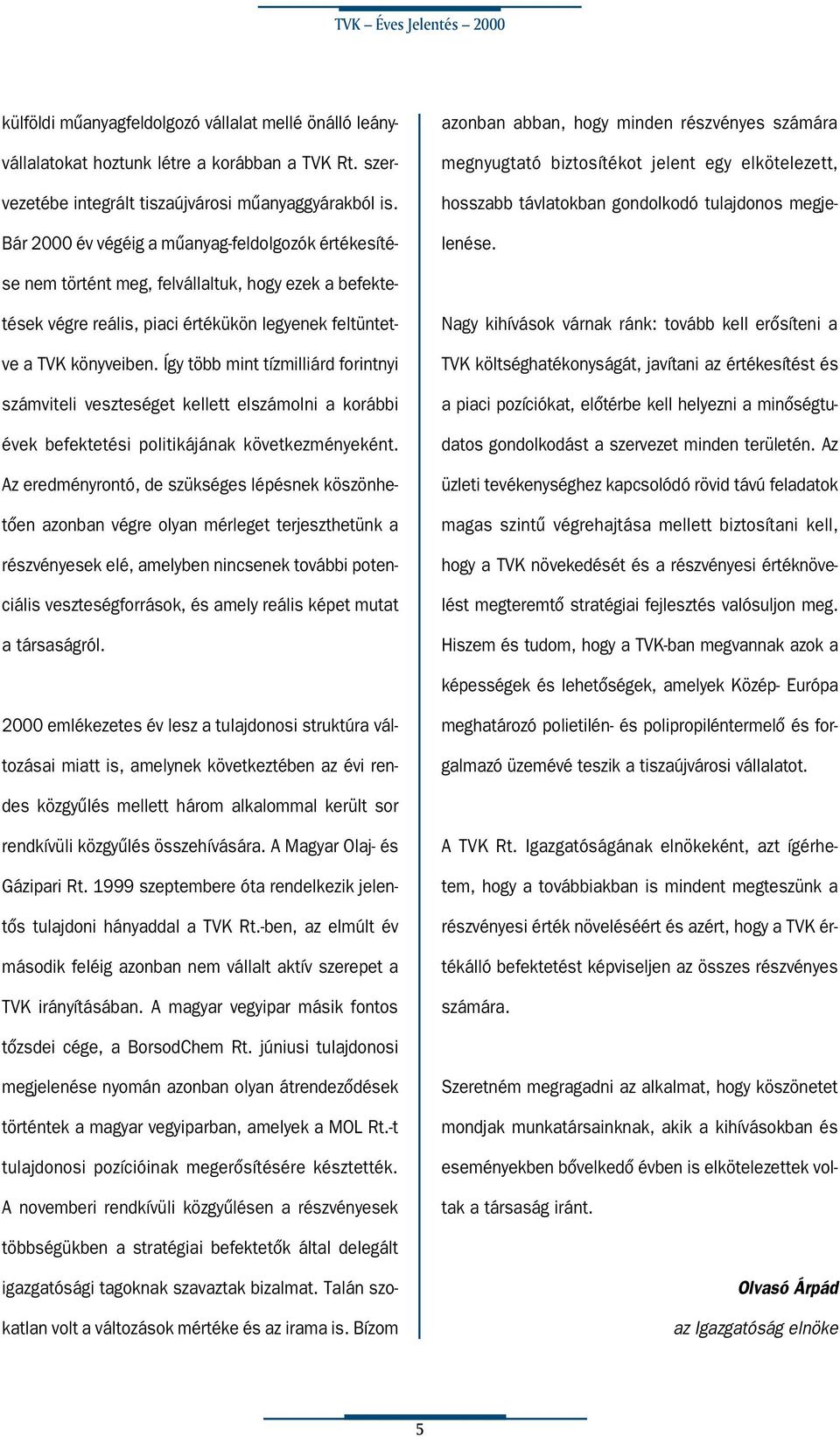 Bár 2000 év végéig a mûanyag-feldolgozók értékesítése nem történt meg, felvállaltuk, hogy ezek a befektetések végre reális, piaci értékükön legyenek feltüntetve a TVK könyveiben.