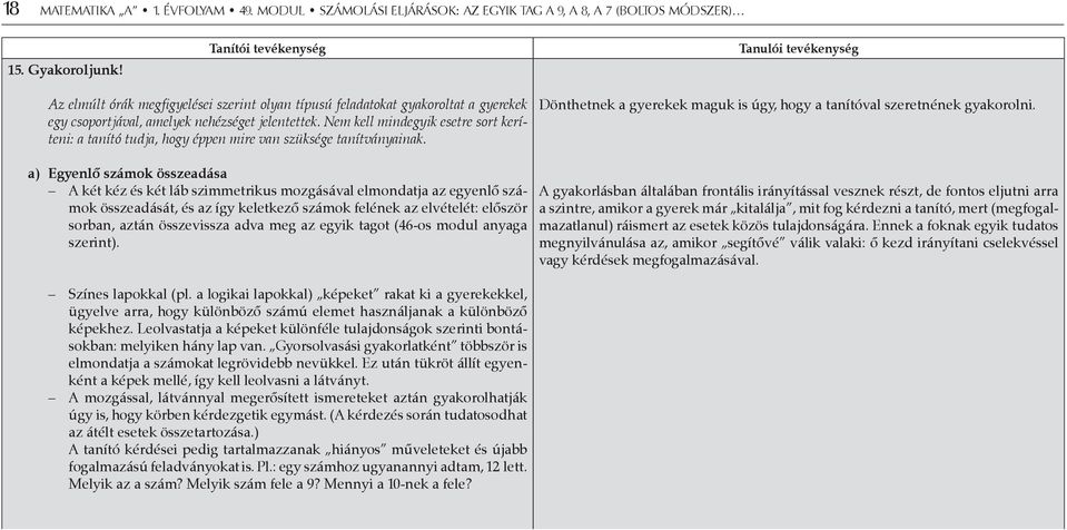 Nem kell mindegyik esetre sort keríteni: a tanító tudja, hogy éppen mire van szüksége tanítványainak. Dönthetnek a gyerekek maguk is úgy, hogy a tanítóval szeretnének gyakorolni.