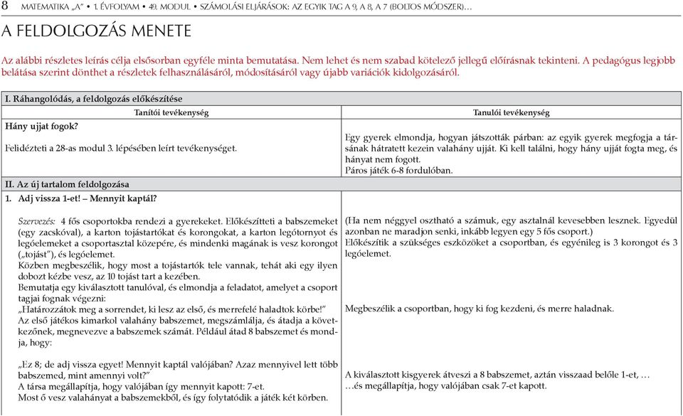 Ráhangolódás, a feldolgozás előkészítése Tanítói tevékenység Hány ujjat fogok? Felidézteti a 28-as modul 3. lépésében leírt tevékenységet. II. Az új tartalom feldolgozása 1. Adj vissza 1-et!