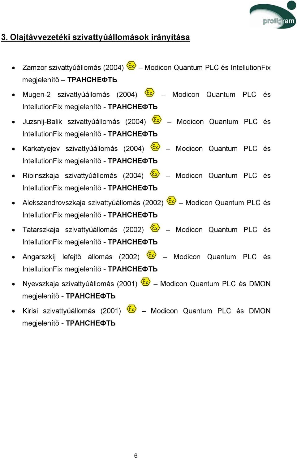 Quantum PLC és Alekszandrovszkaja szivattyúállomás (2002) Modicon Quantum PLC és Tatarszkaja szivattyúállomás (2002) Modicon Quantum PLC és Angarszkíj lefejtő állomás (2002) Modicon