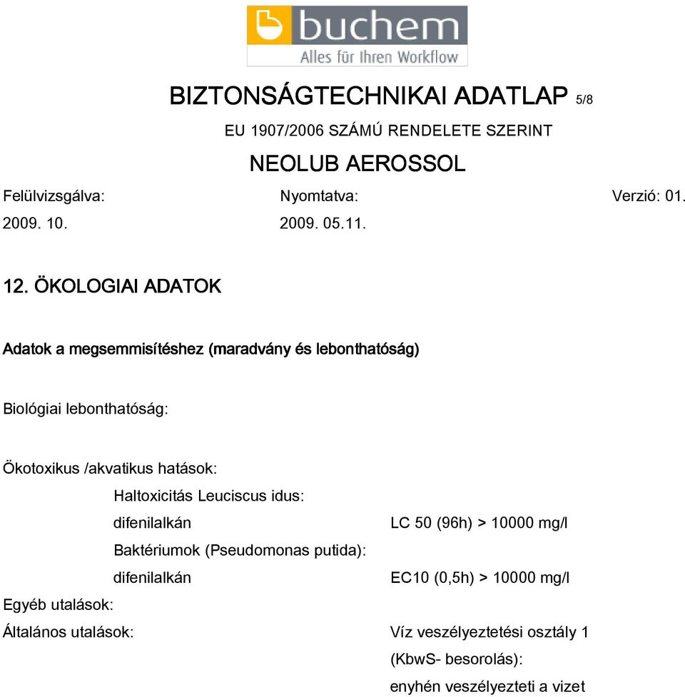 /akvatikus hatások: Haltoxicitás Leuciscus idus: difenilalkán LC 50 (96h) > 10000 mg/l Baktériumok