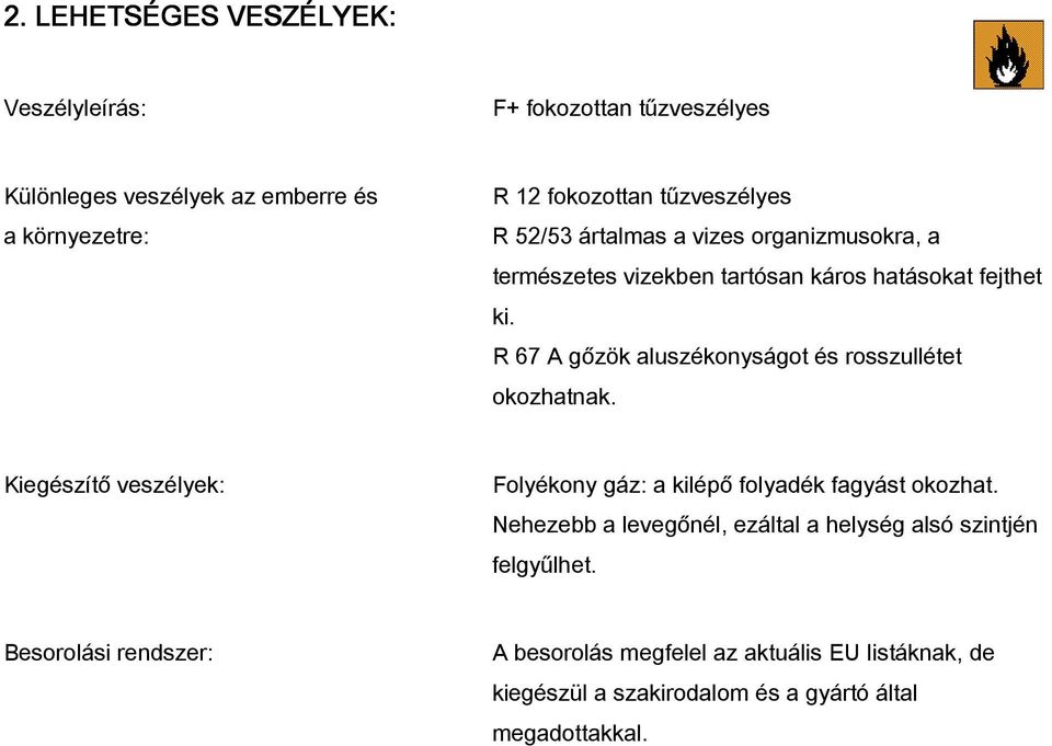 R 67 A gőzök aluszékonyságot és rosszullétet okozhatnak. Kiegészítő veszélyek: Folyékony gáz: a kilépő folyadék fagyást okozhat.