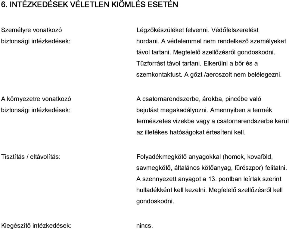 A környezetre vonatkozó biztonsági intézkedések: A csatornarendszerbe, árokba, pincébe való bejutást megakadályozni.