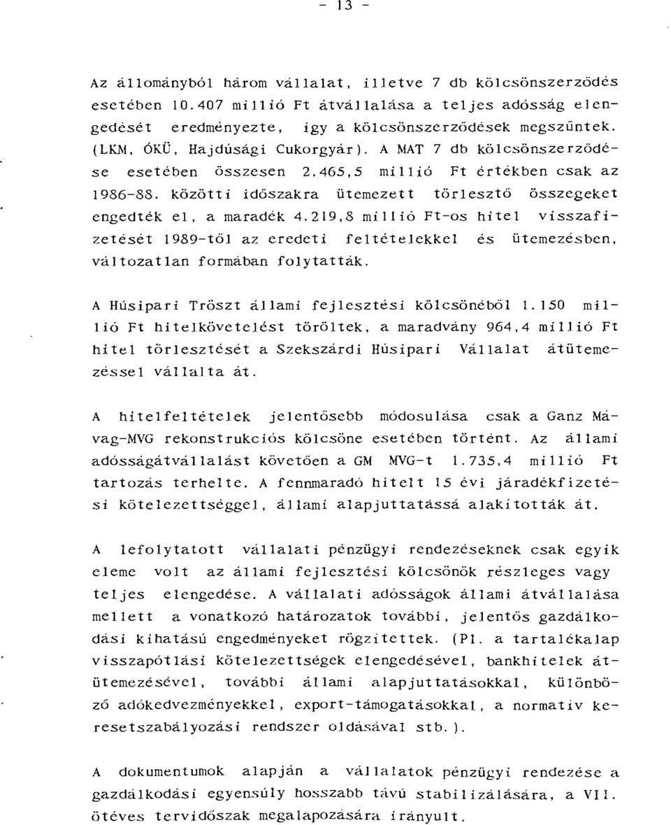 219,8 millió Ft-os hitel visszafizetését 1989-től az eredeti feltételekkel és ütemezésben, változatlan formában folytatták. A Húsipari Tröszt állami fejlesztési kölcsönéből l.