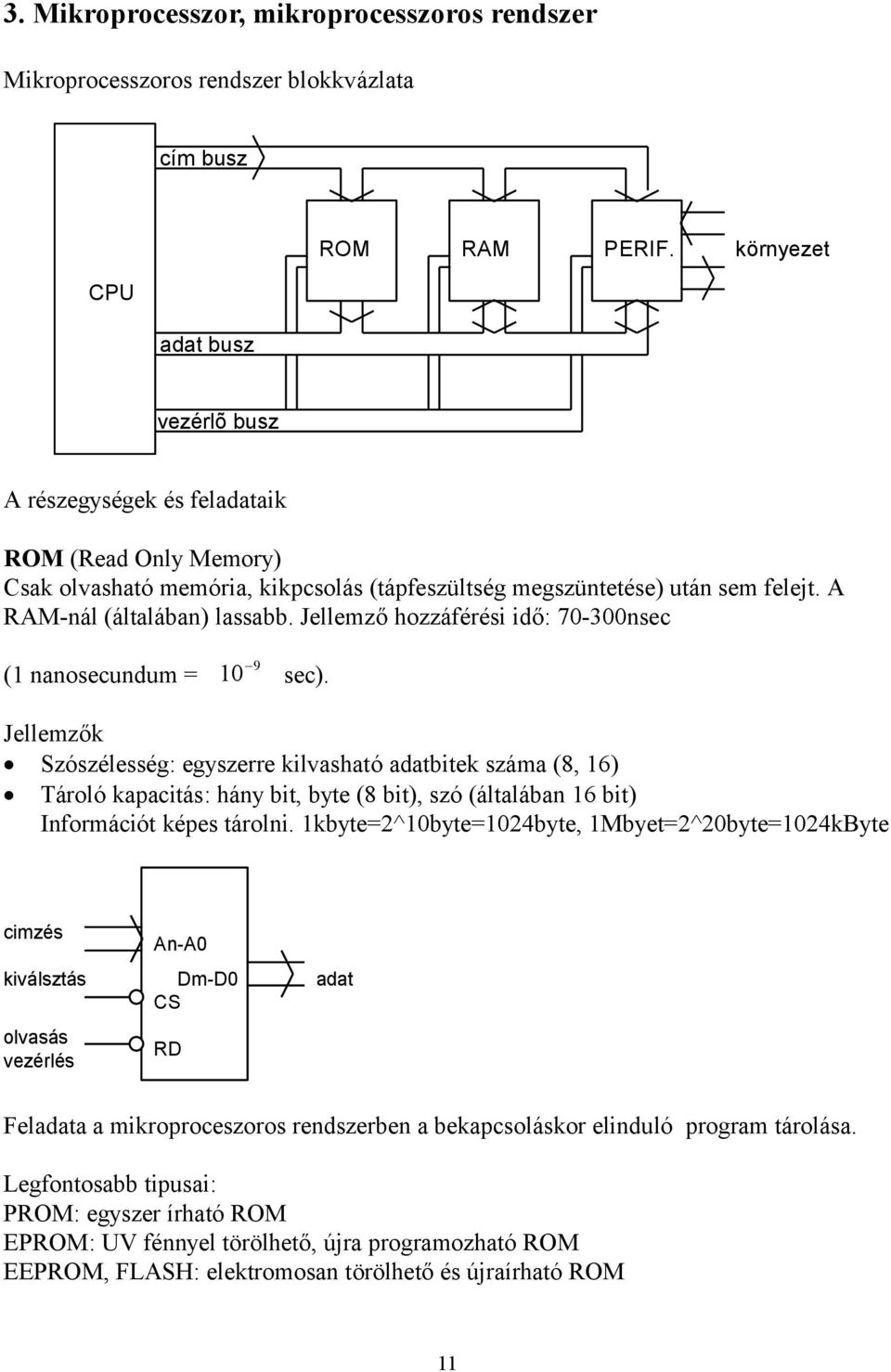 A RAM-nál (általában) lassabb. Jellemző hozzáférési idő: 70-300nsec 10 9 (1 nanosecundum = sec).