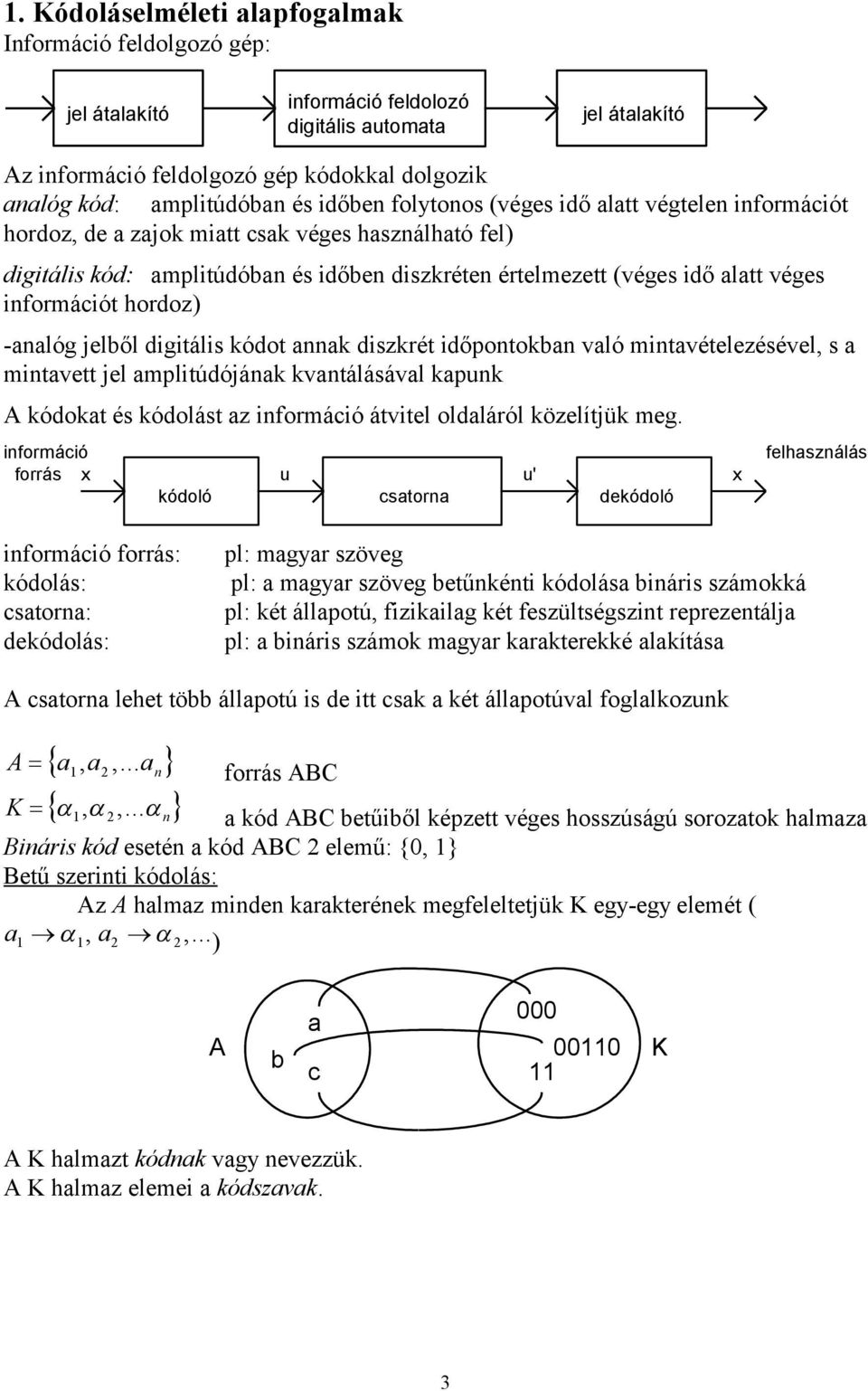 információt hordoz) -analóg jelből digitális kódot annak diszkrét időpontokban való mintavételezésével, s a mintavett jel amplitúdójának kvantálásával kapunk A kódokat és kódolást az információ