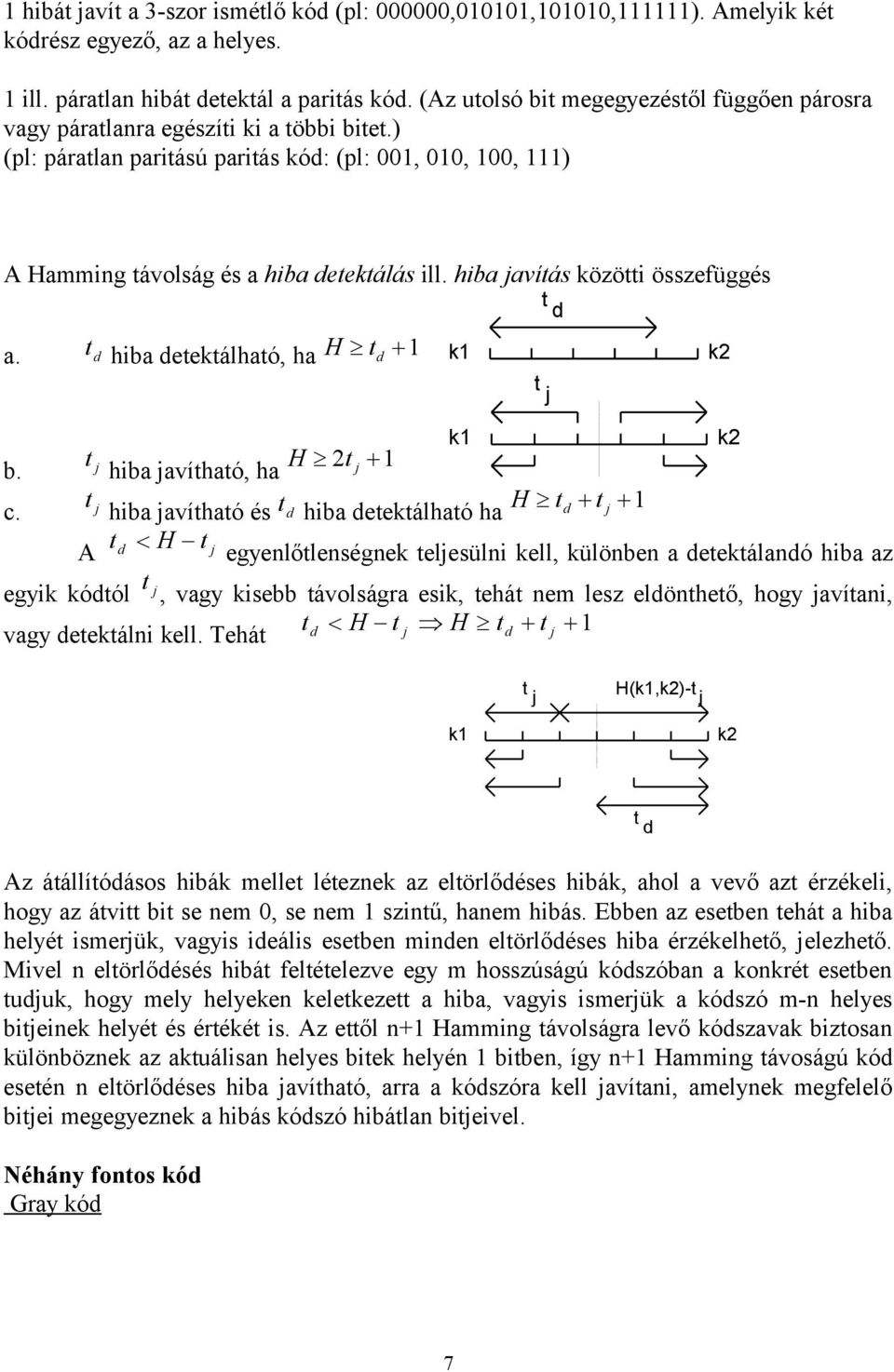 hiba javítás közötti összefüggés t d a. t d hiba detektálható, ha H t d 1 k1 k2 t j b. t j hiba javítható, ha H t k1 k2 2 j 1 c.