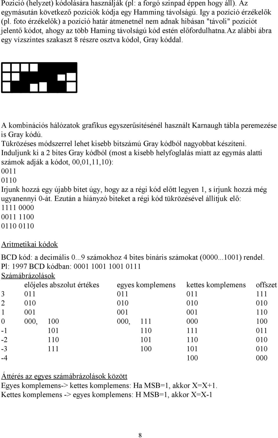 az alábbi ábra egy vízszintes szakaszt 8 részre osztva kódol, Gray kóddal. A kombinációs hálózatok grafikus egyszerűsítésénél használt Karnaugh tábla peremezése is Gray kódú.