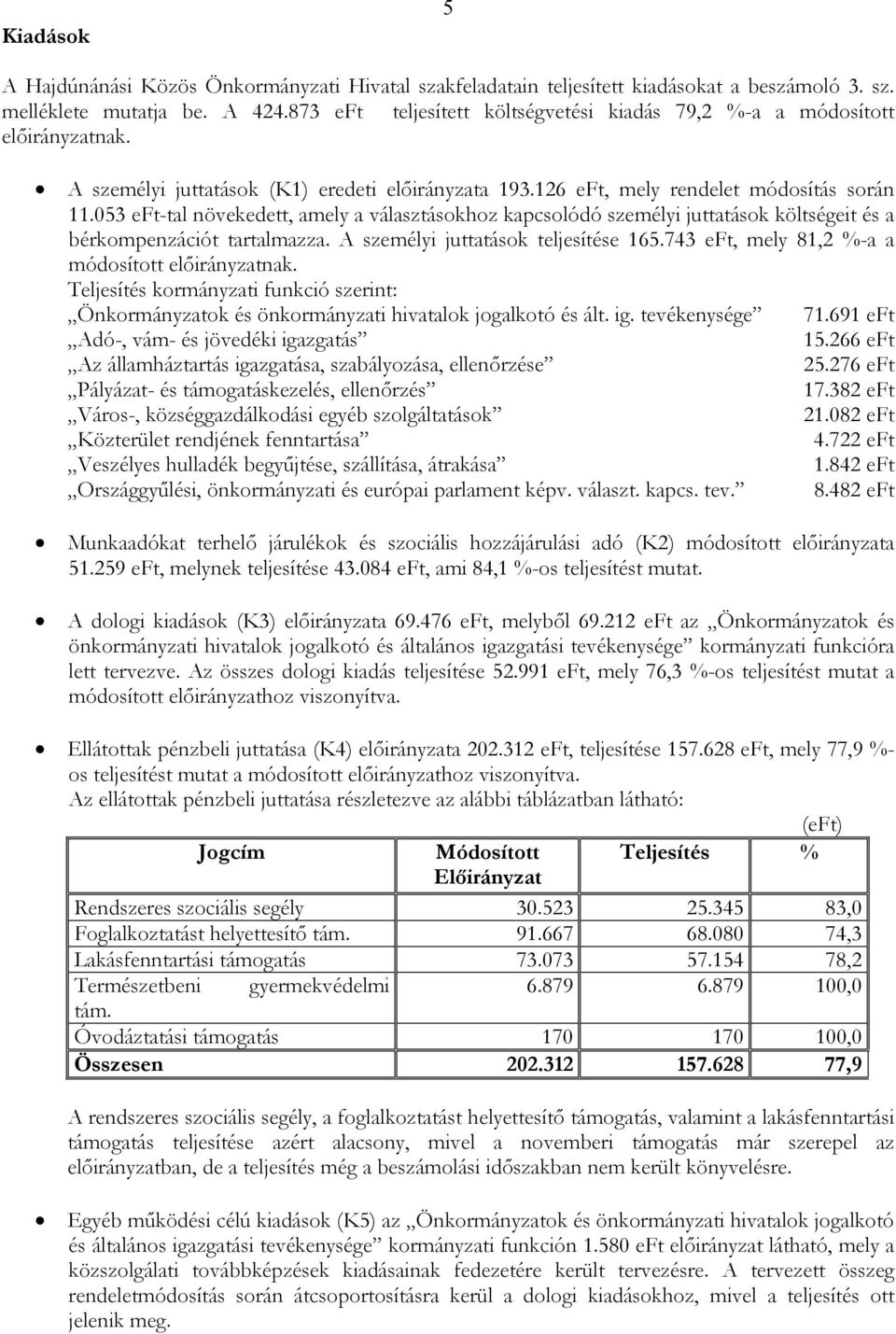 053 eft-tal növekedett, amely a választásokhoz kapcsolódó személyi juttatások költségeit és a bérkompenzációt tartalmazza. A személyi juttatások teljesítése 165.