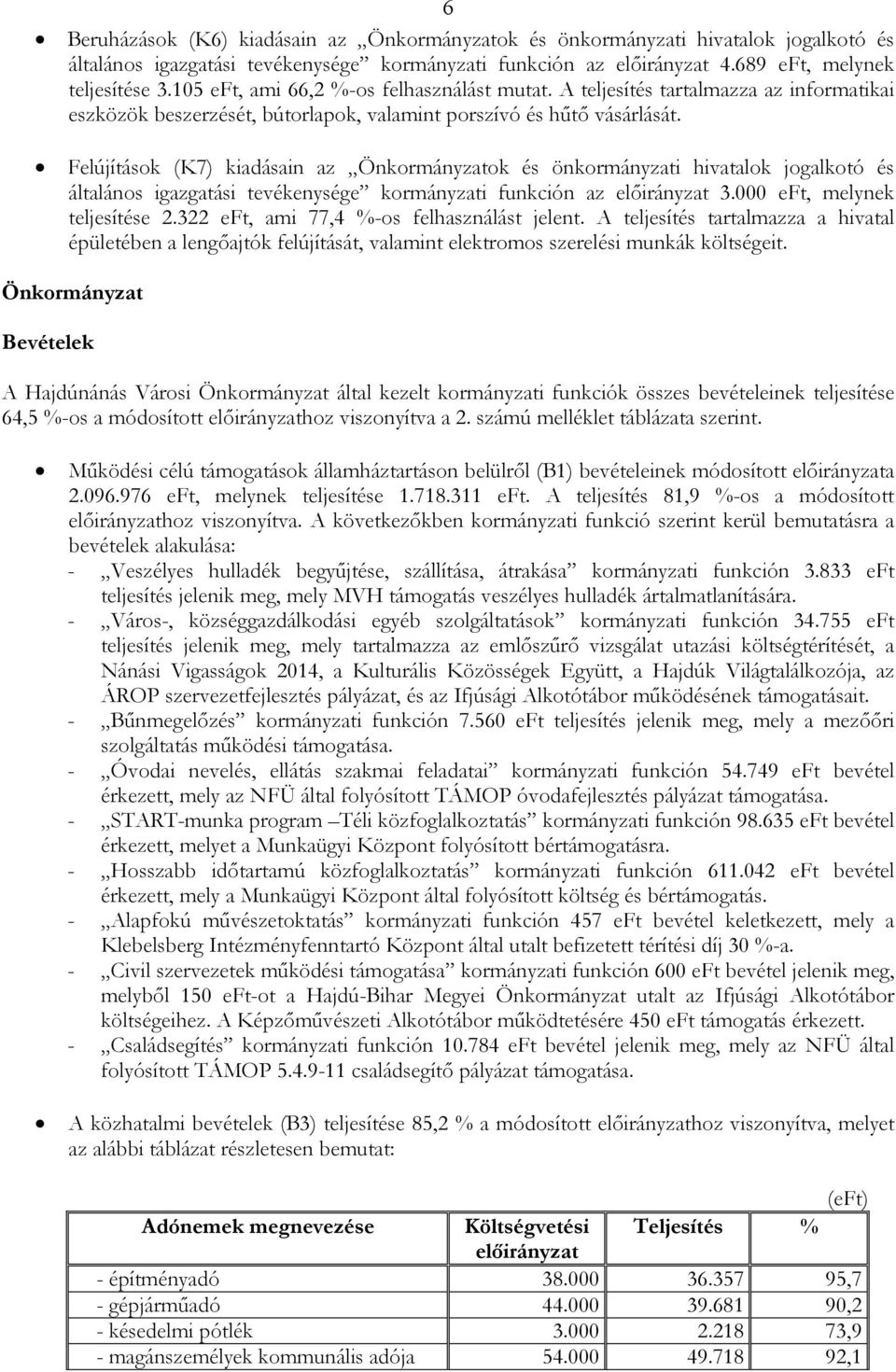 Felújítások (K7) kiadásain az Önkormányzatok és önkormányzati hivatalok jogalkotó és általános igazgatási tevékenysége kormányzati funkción az elıirányzat 3.000 eft, melynek teljesítése 2.