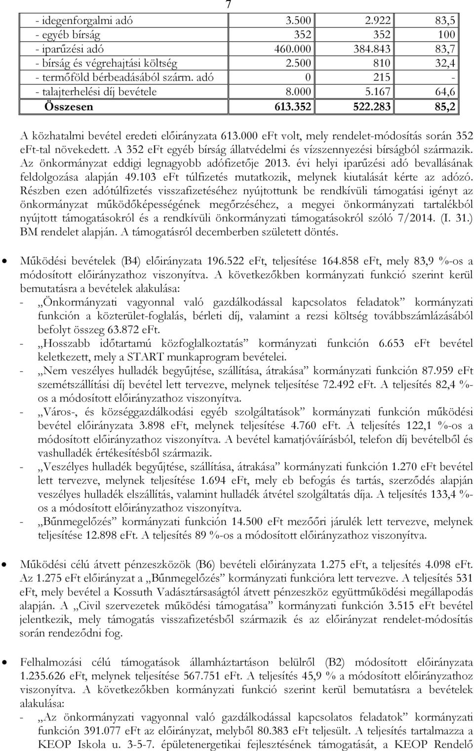 000 eft volt, mely rendelet-módosítás során 352 eft-tal növekedett. A 352 eft egyéb bírság állatvédelmi és vízszennyezési bírságból származik. Az önkormányzat eddigi legnagyobb adófizetıje 2013.