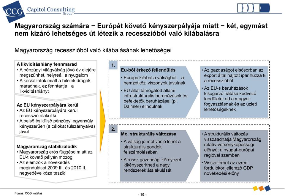 kerül Az EU kényszerpályára kerül, recesszió alakul ki A belső és külső pénzügyi egyensúly kényszerűen (a célokat túlszárnyalva) javul Magyarország stabilizálódik Magyarország erős függése miatt az