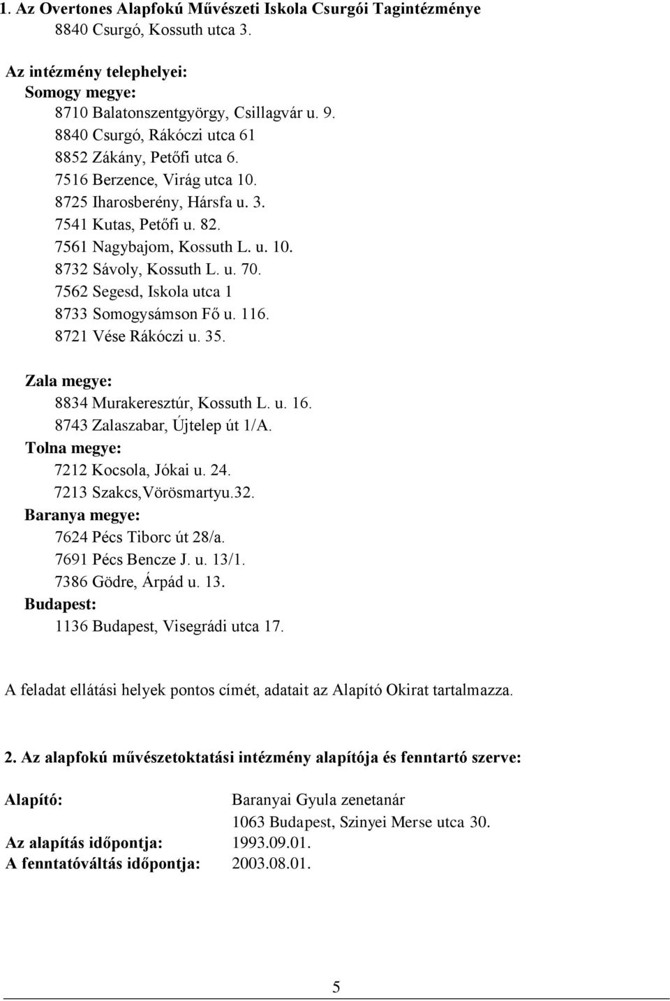 u. 70. 7562 Segesd, Iskola utca 1 8733 Somogysámson Fő u. 116. 8721 Vése Rákóczi u. 35. Zala megye: 8834 Murakeresztúr, Kossuth L. u. 16. 8743 Zalaszabar, Újtelep út 1/A.