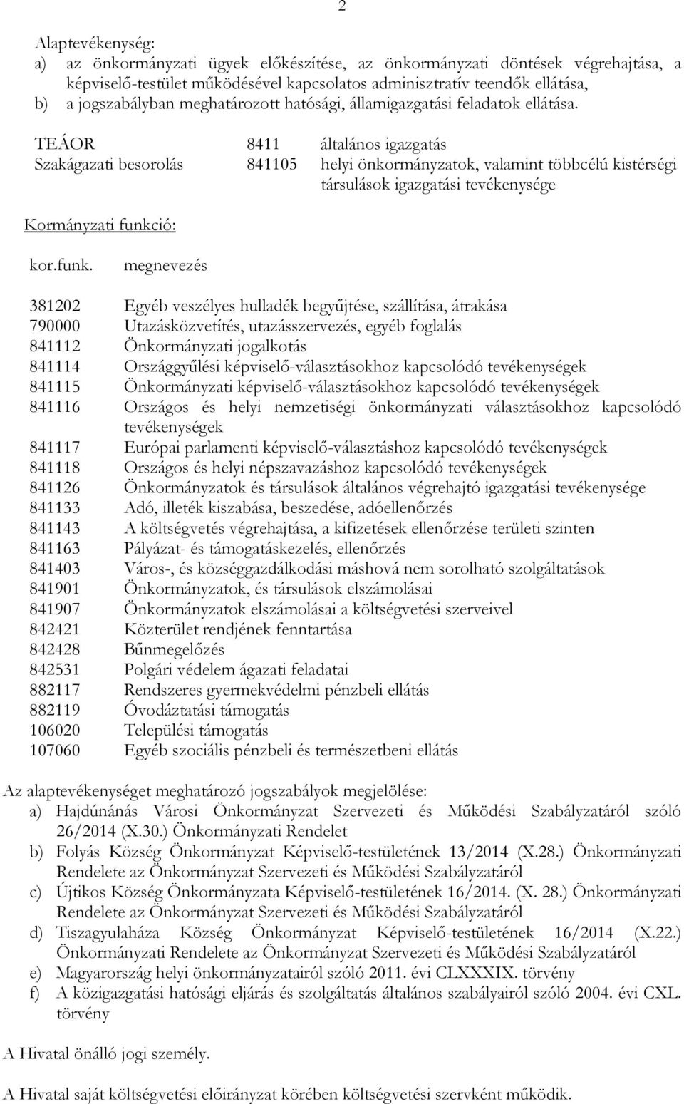 TEÁOR 8411 általános igazgatás Szakágazati besorolás 841105 helyi önkormányzatok, valamint többcélú kistérségi társulások igazgatási tevékenysége Kormányzati funkc