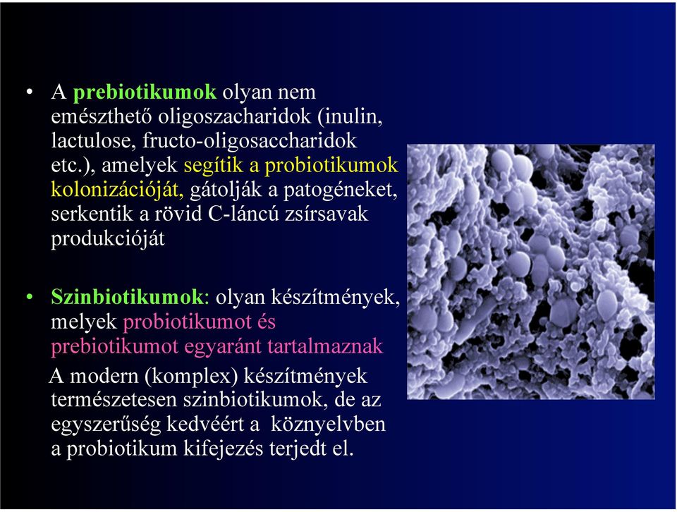 produkcióját Szinbiotikumok: olyan készítmények, melyek probiotikumot és prebiotikumot egyaránt tartalmaznak A