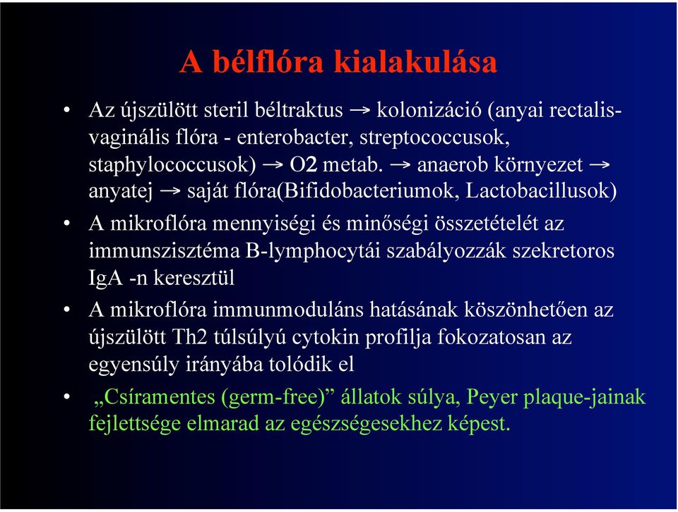 anaerob környezet anyatej saját flóra(bifidobacteriumok, Lactobacillusok) A mikroflóra mennyiségi és minőségi összetételét az immunszisztéma