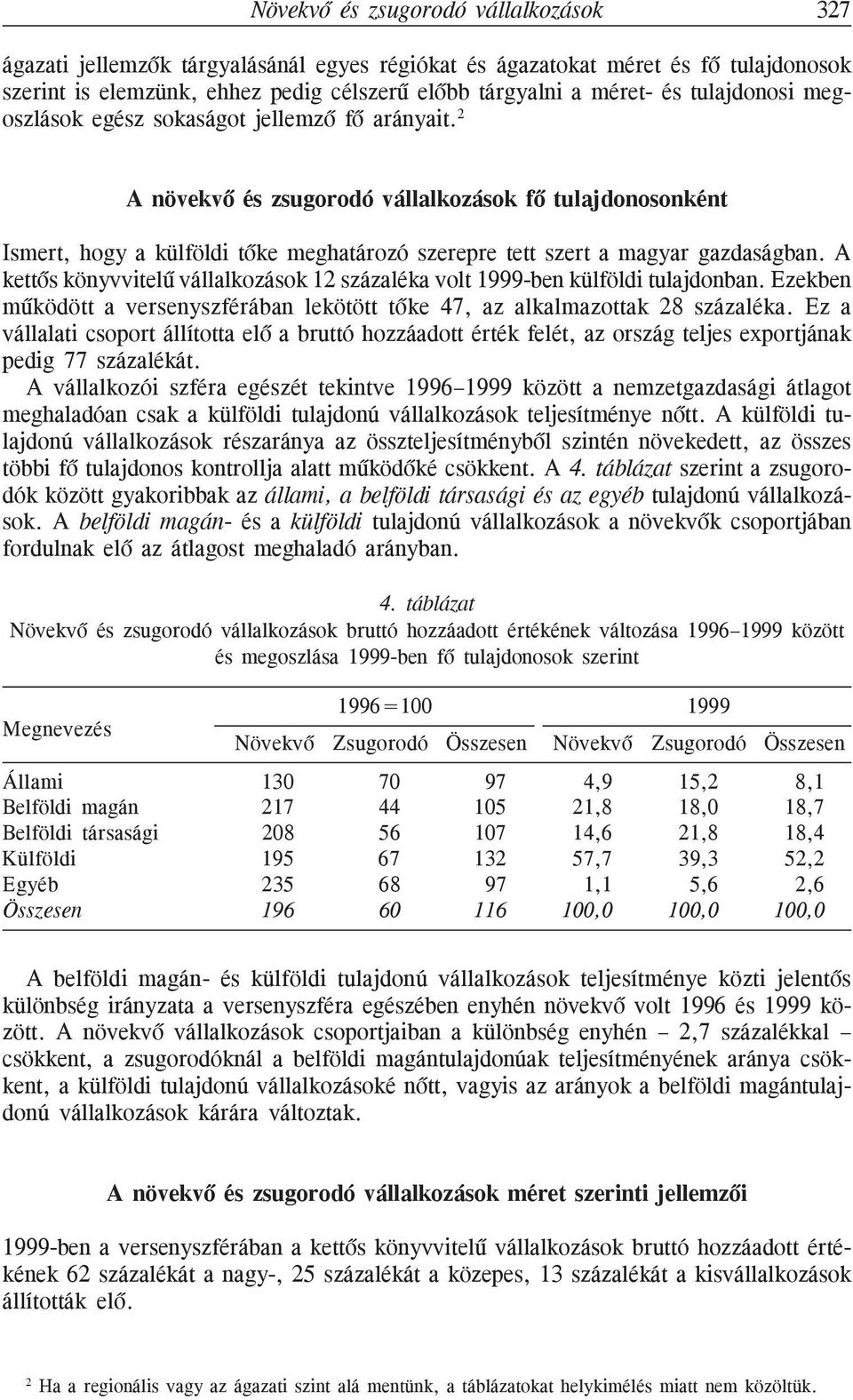 2 A növekvõ és zsugorodó vállalkozások fõ tulajdonosonként Ismert, hogy a külföldi tõke meghatározó szerepre tett szert a magyar gazdaságban.